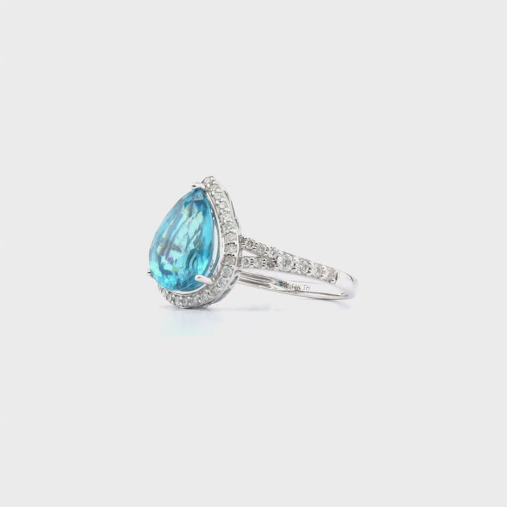 6.34 Cts Blue Zircon and White Diamond Ring in 14K White Gold