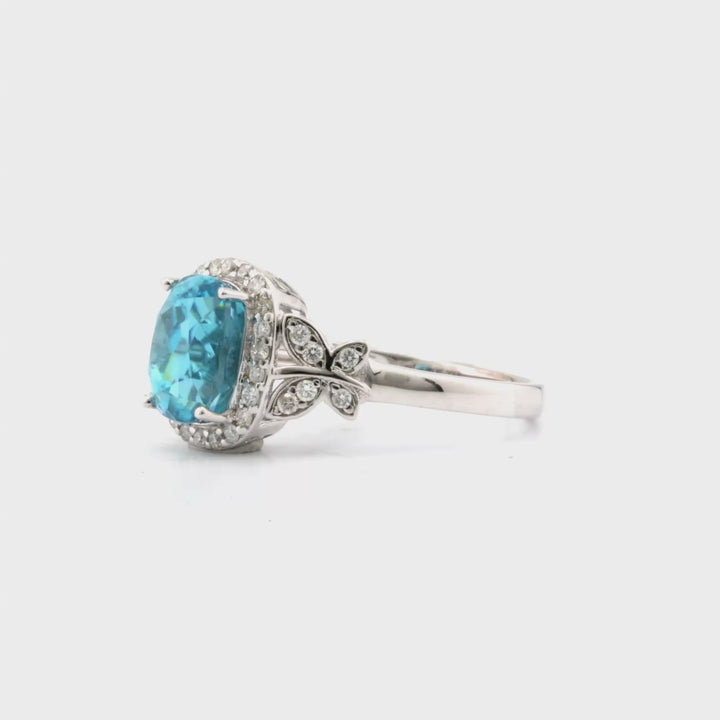 4.94 Cts Blue Zircon and White Diamond Ring in 14K White Gold