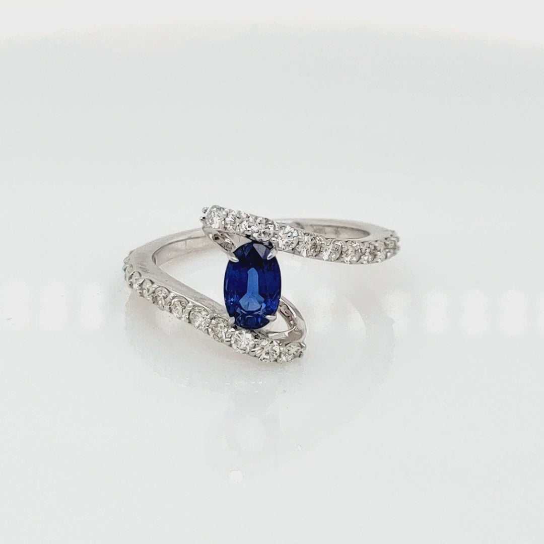 1.11 Cts Blue Sapphire White  Diamond Ring in 14K White Gold
