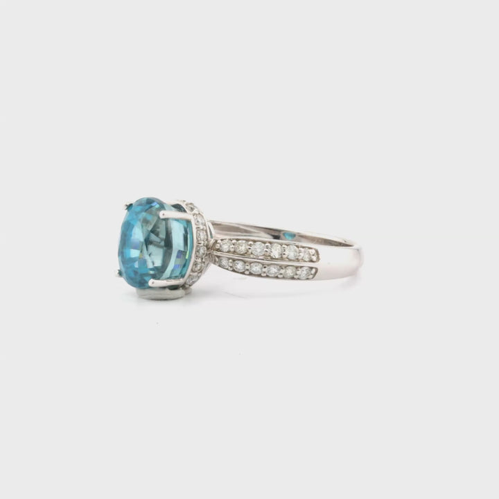 6.15 Cts Blue Zircon and White Diamond Ring in 14K White Gold