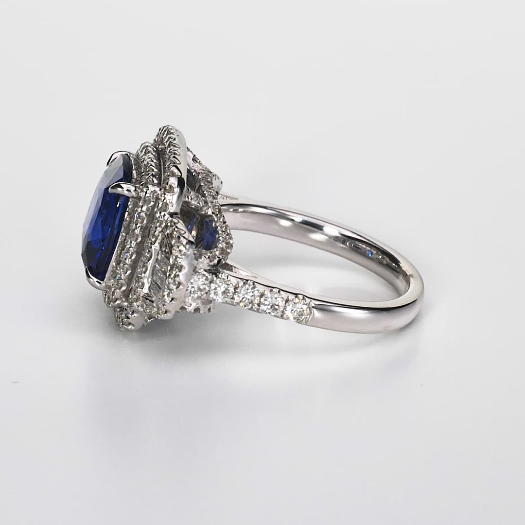 4.56 Cts Blue Sapphire and White Diamond Ring in 14K White Gold