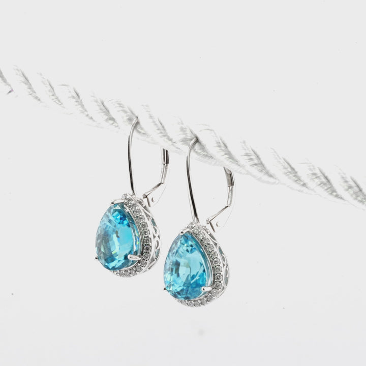 11 Cts Blue Zircon and White Diamond Earring in 14K White Gold
