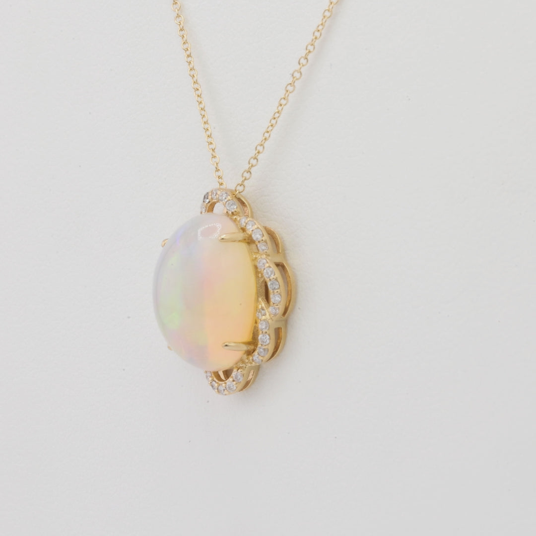 3.55 Cts White Opal and White Diamond Pendant in 14K Yellow Gold