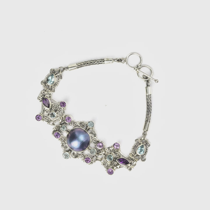 1.50 Cts Pearl and Multi Gemstone Statement Bracelet in Oxidized 925 Silver