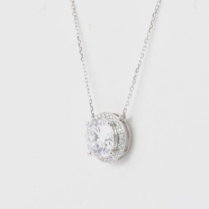 Round Moissanite Halo Necklace in 14K White Gold