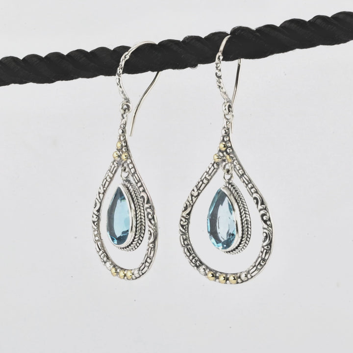 1.00 Cts Blue Topaz Dangle Earring in Two Tone 925 Silver