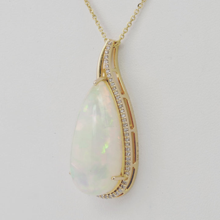 14.91 Cts Ethiopian Opal and White Diamond Pendant in 14K Yellow Gold