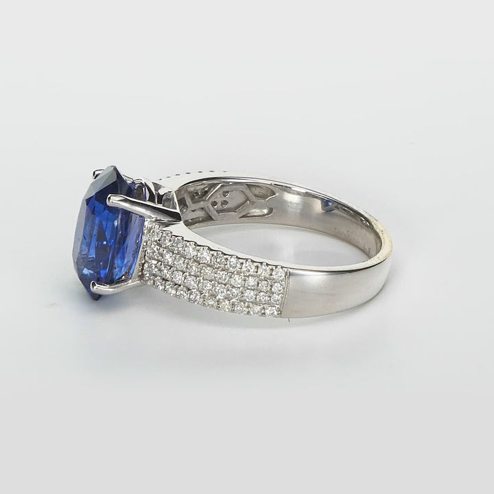 4.08 Cts Blue Sapphire and White Diamond Ring in 14K White Gold