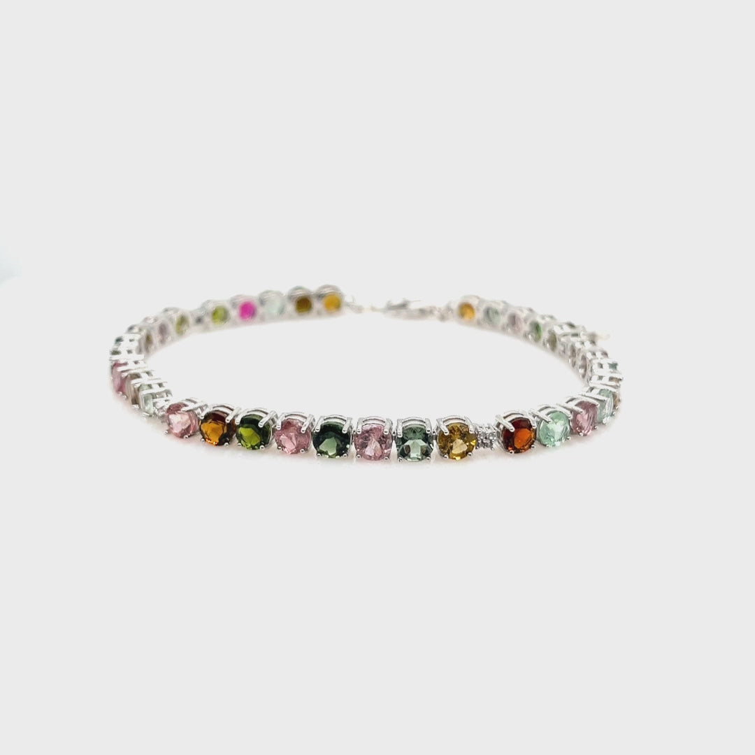 12.26 Cts Multi Tourmaline and White Zircon Tennis Bracelet in 925 Sterling Silver