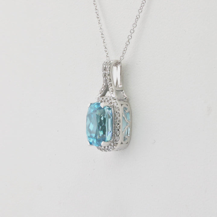 4.1 Cts Blue Zircon and White Diamond Pendant in 14K White Gold