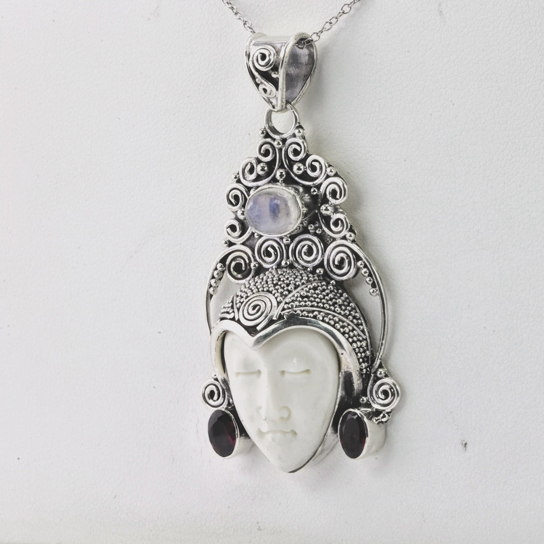 1.00 Cts Moonstone and Garnet Statement Pendant in Oxidized 925 Silver