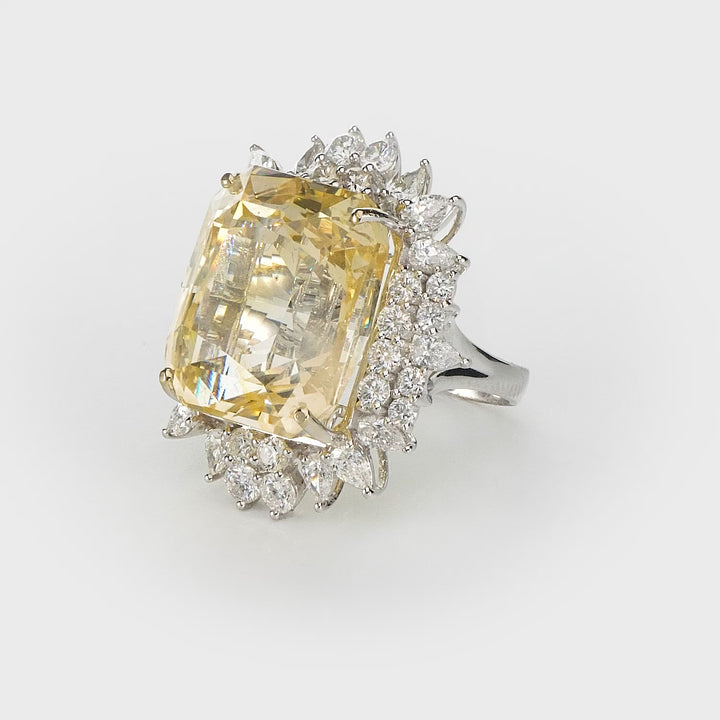 41.33 Cts Yellow Sapphire and White Diamond Ring in 18K White Gold