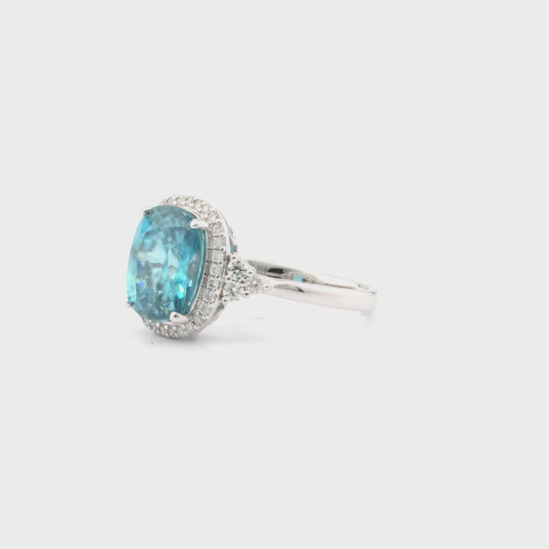 6.8 Cts Blue Zircon and White Diamond Ring in 14K White Gold