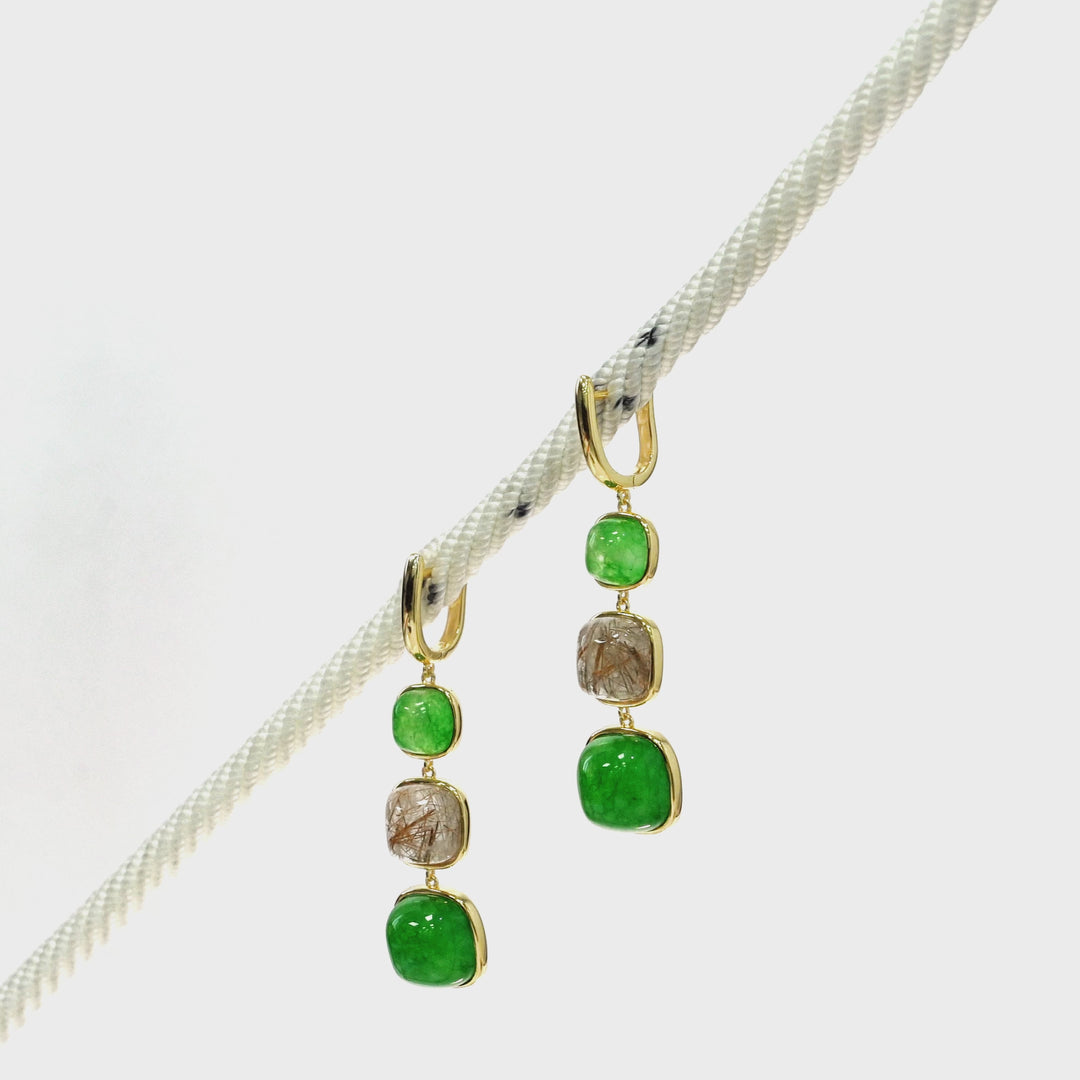 Green Beryl and Golden Rutile 3 Stone Earring in Brass