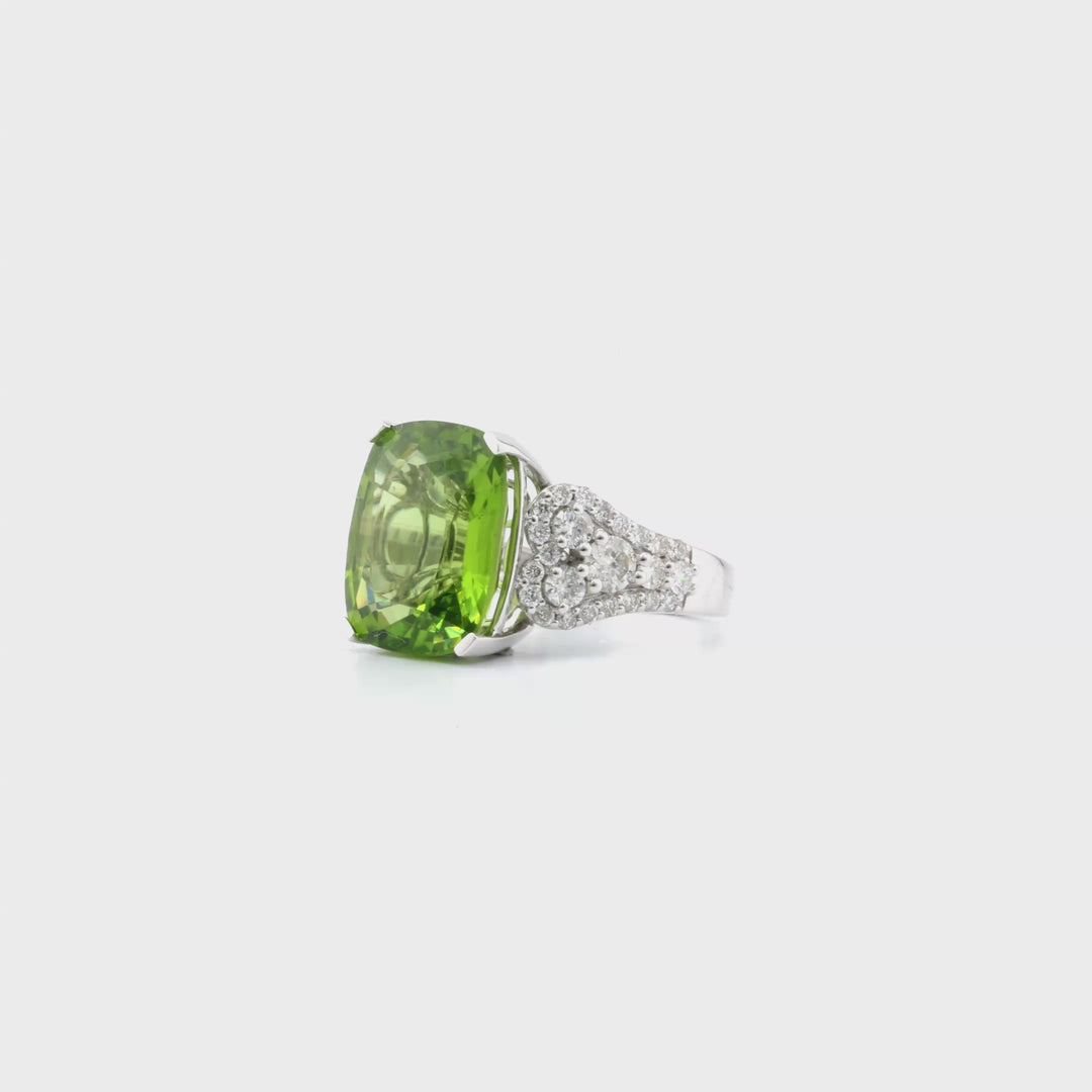 9.17 Cts Peridot and White Diamond Ring in 14K White Gold