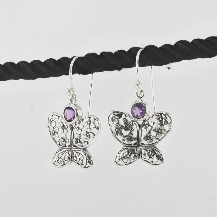 1.20 Cts Amethyst Butterfly Earring in Oxidized 925 Silver