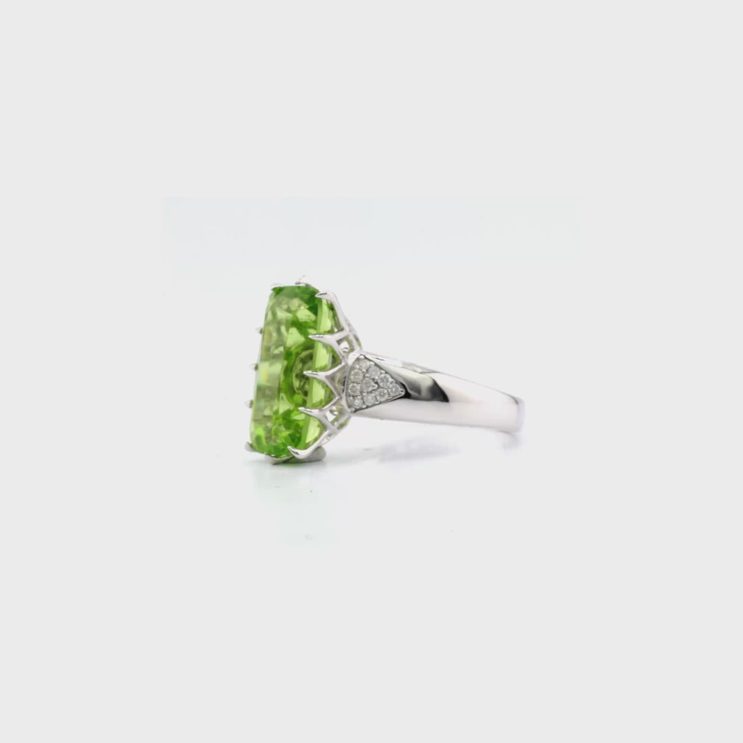 6.3 Cts Peridot and White Diamond Ring in 14K White Gold