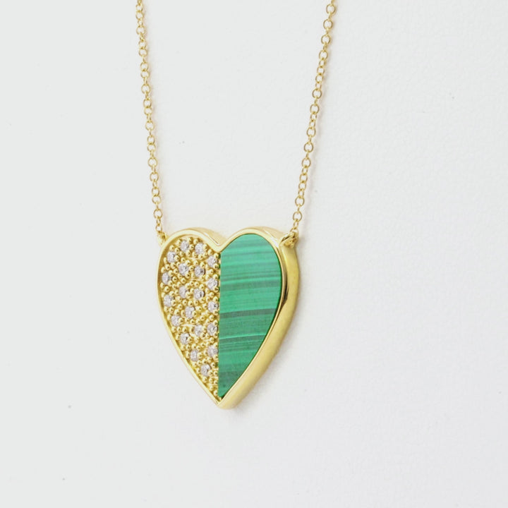0.14 Cts White Diamond and Malachite Necklace in 14K Yellow Gold