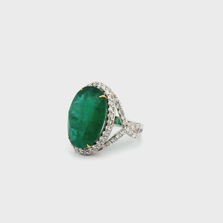 18.82 Cts Emerald and White Diamond Ring in 18K Two Tone
