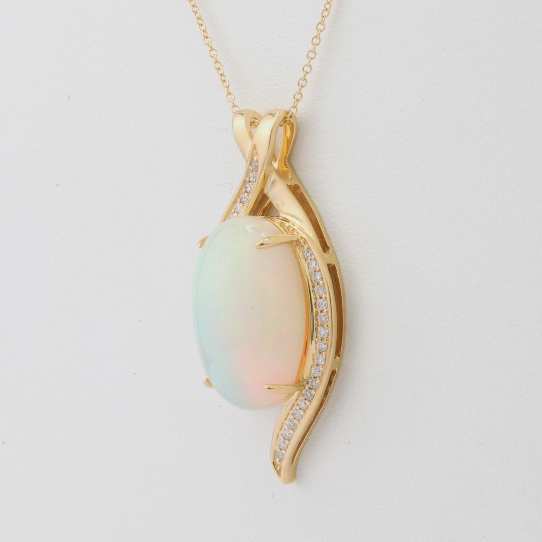 7.49 Cts White Opal and White Diamond Pendant in 14K Yellow Gold