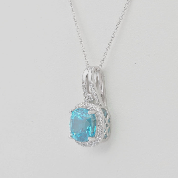 4.63 Cts Blue Zircon and White Diamond Pendant in 14K White Gold