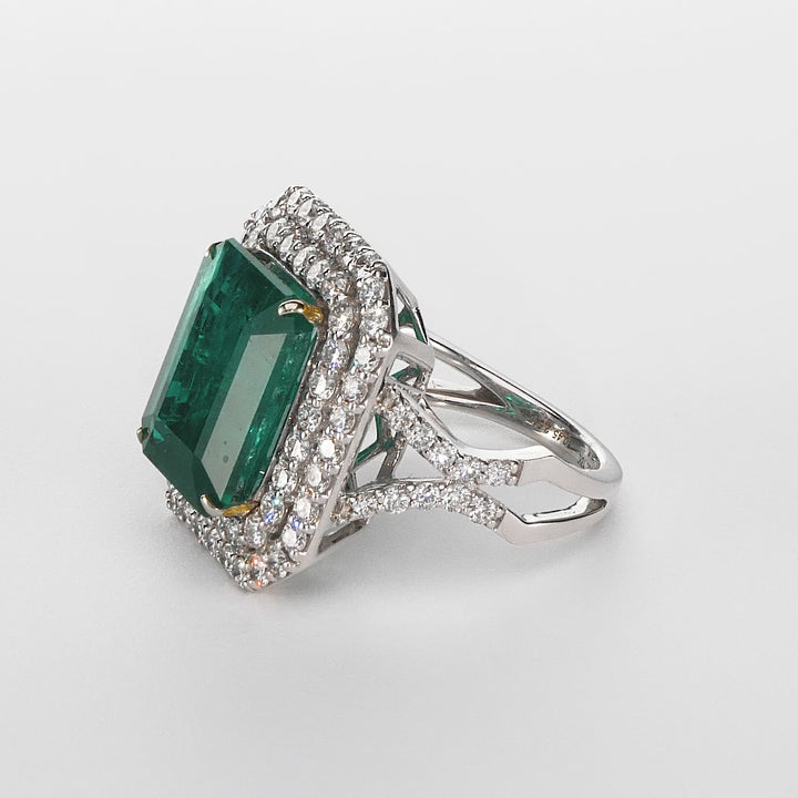 10.45 Cts Emerald and White Diamond Ring in 18K Two Tone
