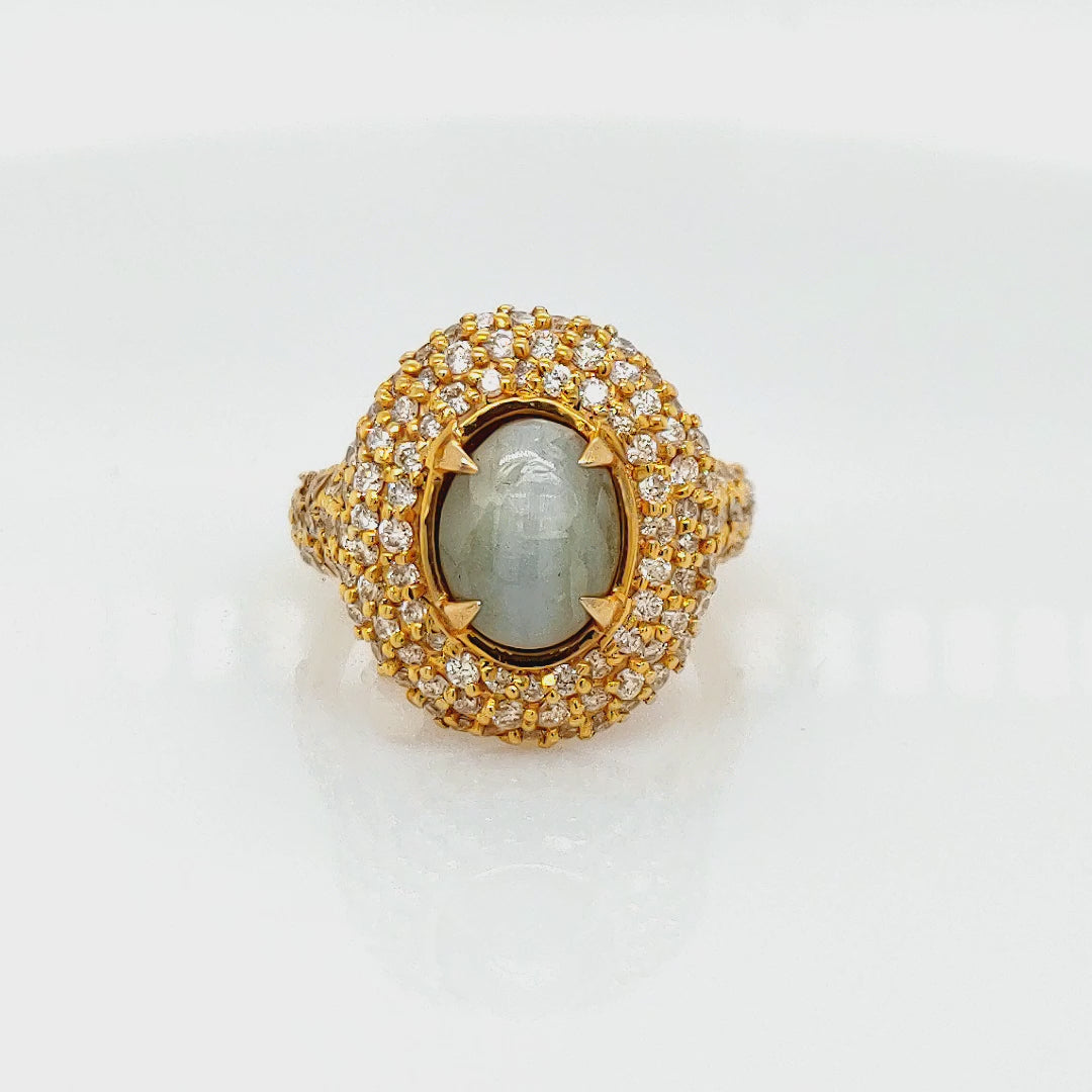 5.63 Cts Chrysoberyl and White Diamond Ring in 14K Yellow Gold