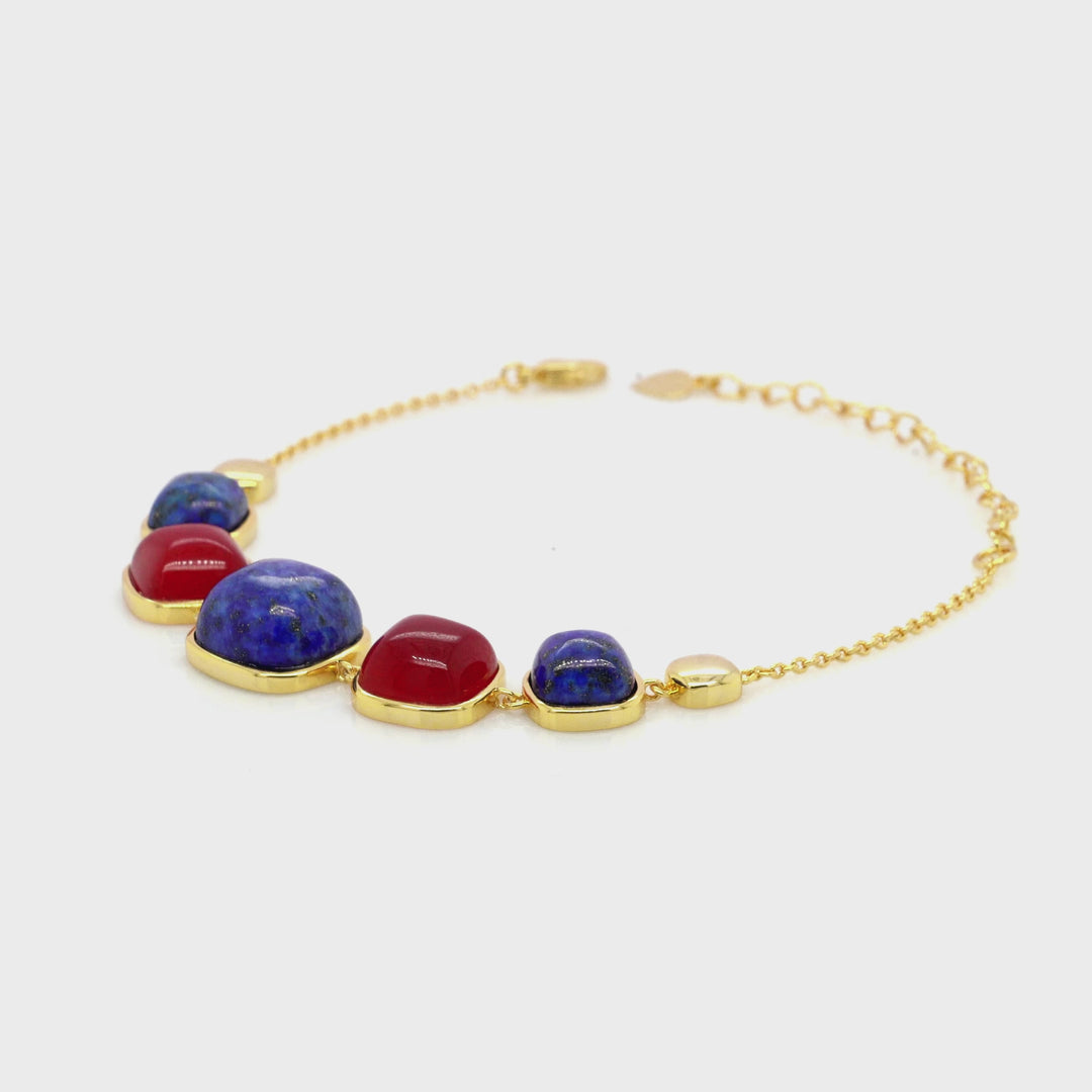 Lapis Lazuli and Ruby Colored Beryl 5 Stone Bracelet in Brass