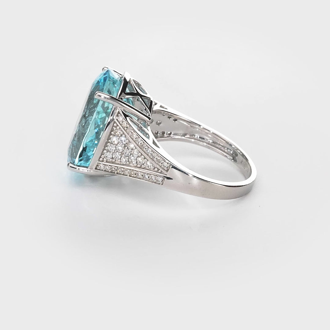 10.64 Cts Aquamarine and White Diamond Ring in 14K White Gold