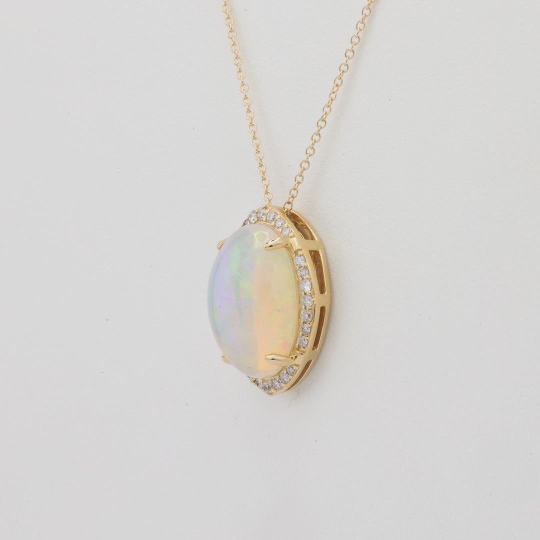 3.34 Cts White Opal and White Diamond Pendant in 14K Yellow Gold
