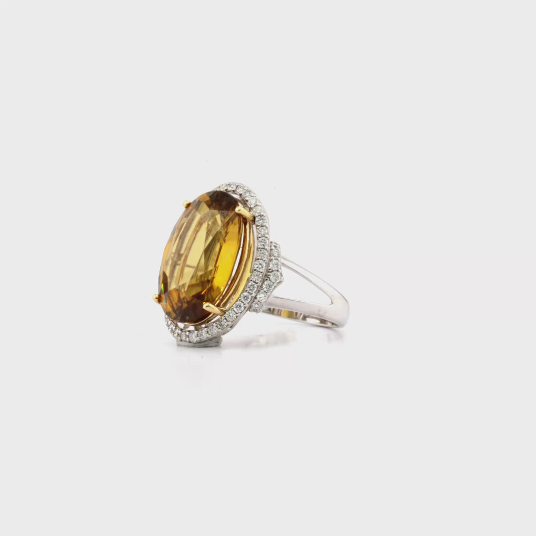 15.35 Cts Yellow Zircon and White Diamond Ring in 14K Two Tone