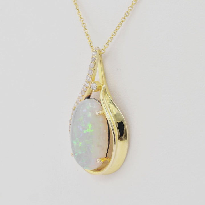 4.6 Cts White Opal and White Diamond Pendant in 14K Yellow Gold
