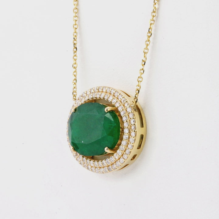 8.28 Cts Emerald and White Diamond Pendant in 14K Yellow Gold
