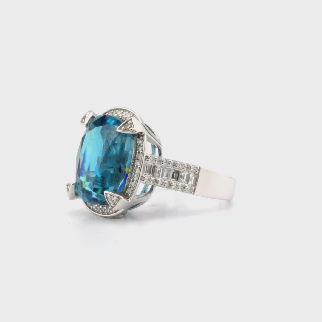 21.65 Cts Blue Zircon and White Diamond Ring in 14K White Gold