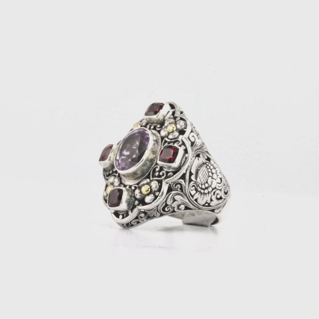 4.25 Cts Amethyst and Garnet Statement Ring in Two Tone 925 Silver