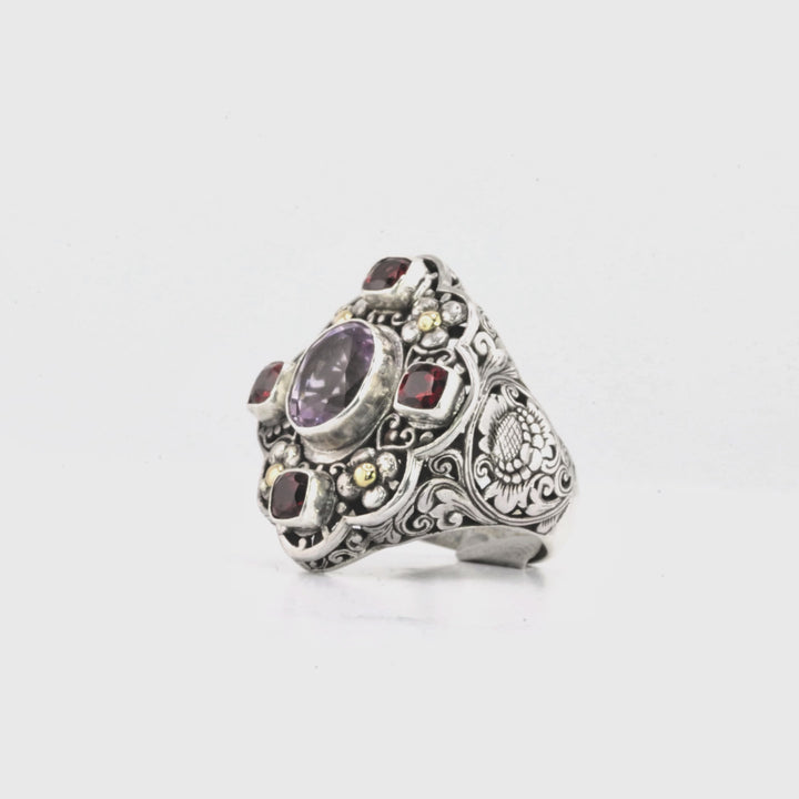 4.25 Cts Amethyst and Garnet Statement Ring in Two Tone 925 Silver