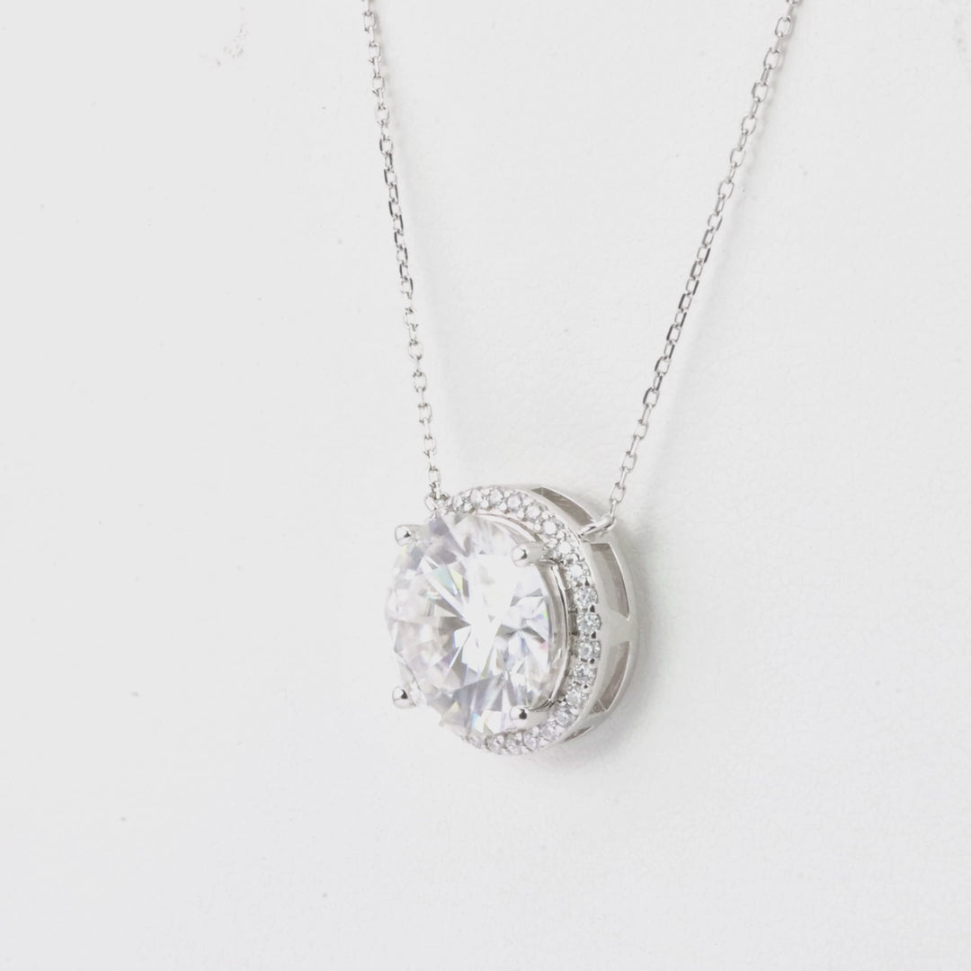 Round Moissanite Halo Necklace in 14K White Gold