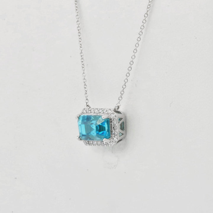 4.33 Cts Blue Zircon and White Diamond Necklace in 14K White Gold