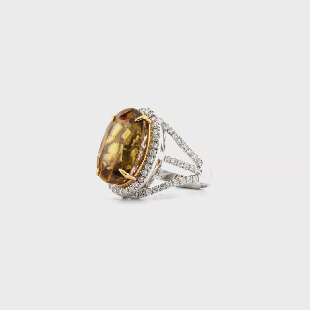 22.4 Cts Yellow Zircon and White Diamond Ring in 14K Two Tone