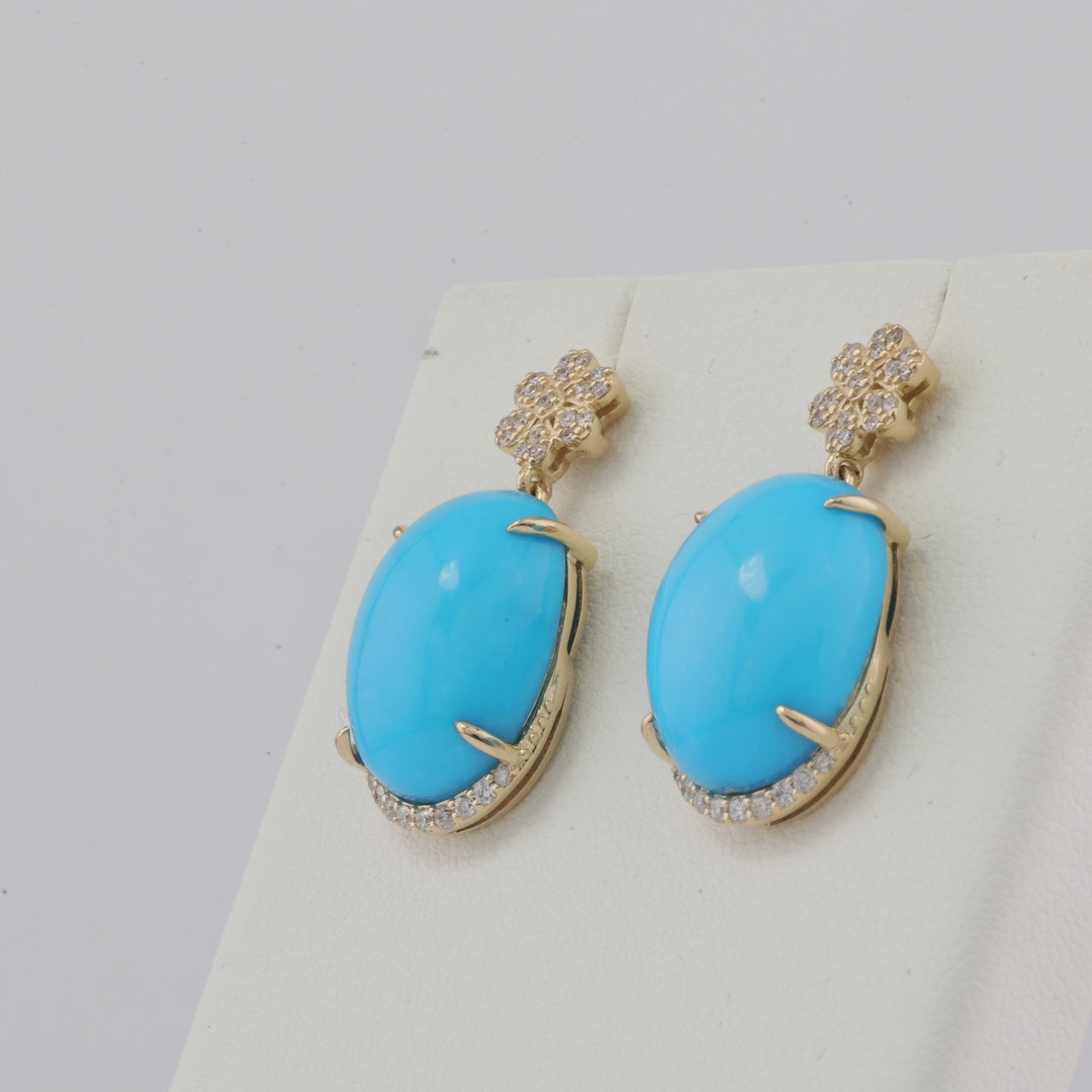 15.99 Cts Sleeping Beauty Turquoise and White Diamond Earring in 14K Yellow Gold