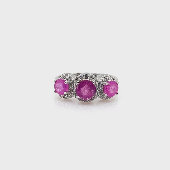 2.95 Cts Pink Sapphire and White Zircon 3 Stone Ring in 925 Sterling Silver