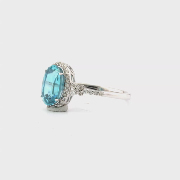 3.53 Cts Blue Zircon and White Diamond Ring in 14K White Gold