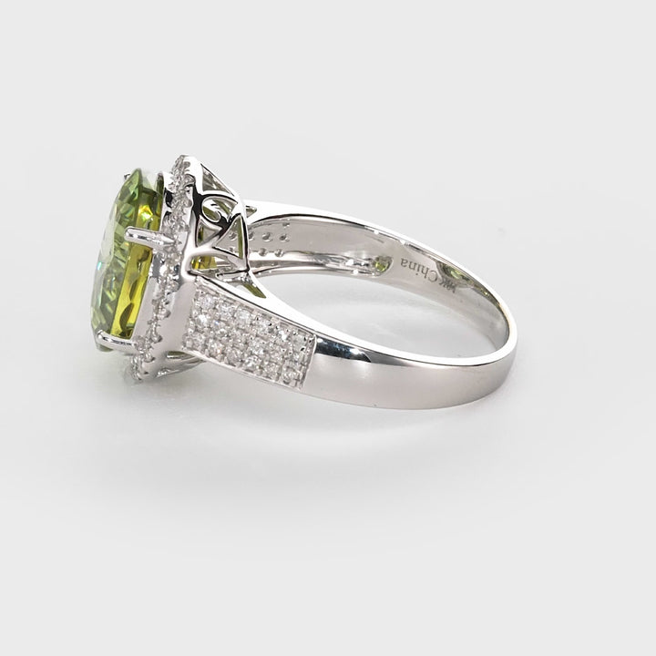 7.29 Cts Sphene and White Diamond Ring in 18K White Gold