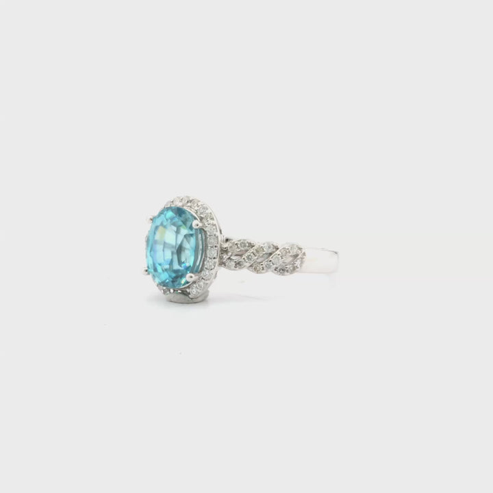 3.39 Cts Blue Zircon and White Diamond Ring in 14K White Gold