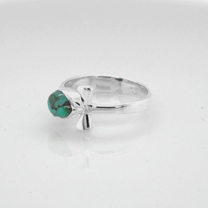 1.00 Cts Turquoise Egyption Ankh Ring in 925