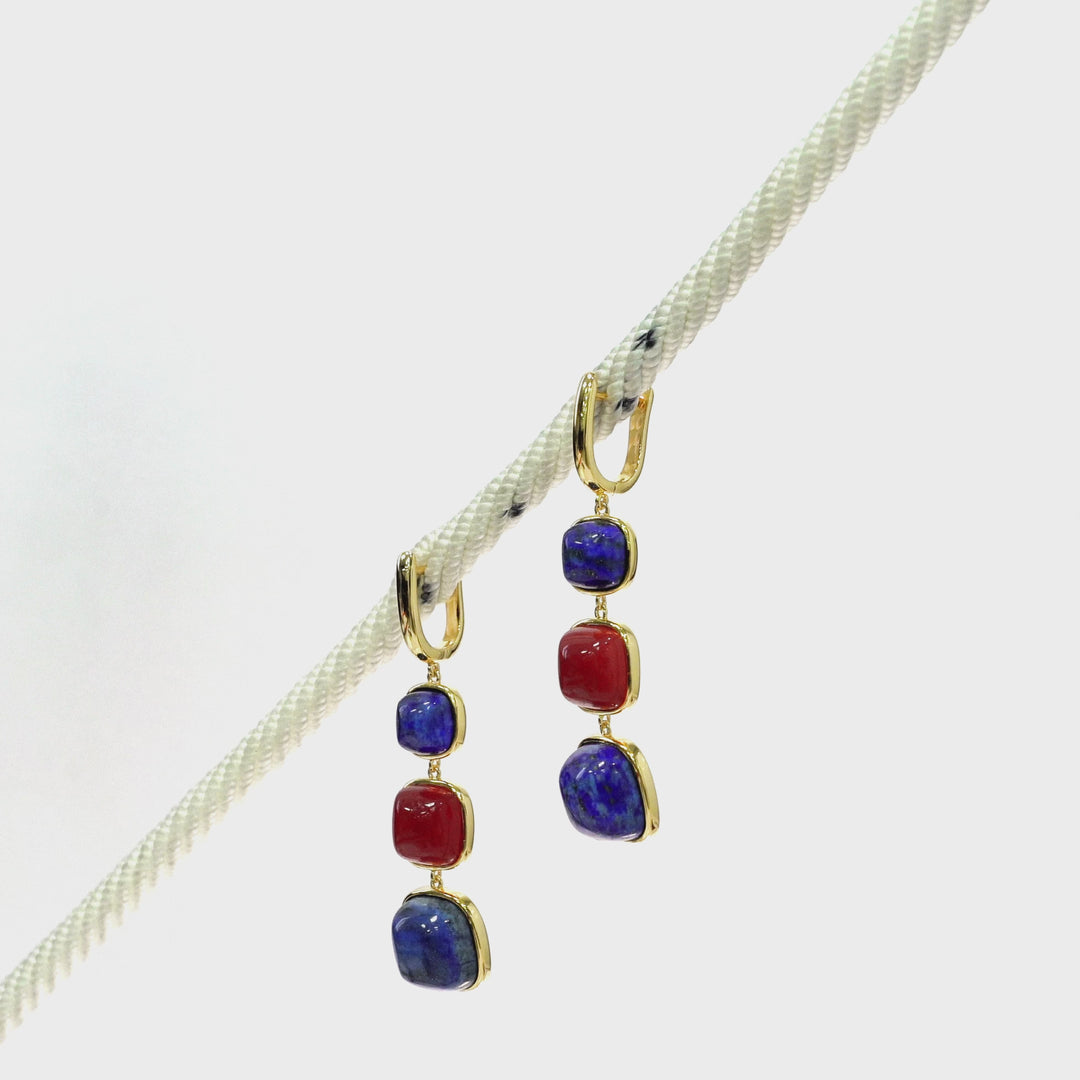 Lapis Lazuli and Ruby Colored Beryl 3 Stone Earring in Brass