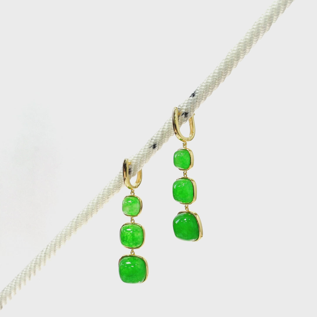 Green Beryl 3 Stone Earring in Brass