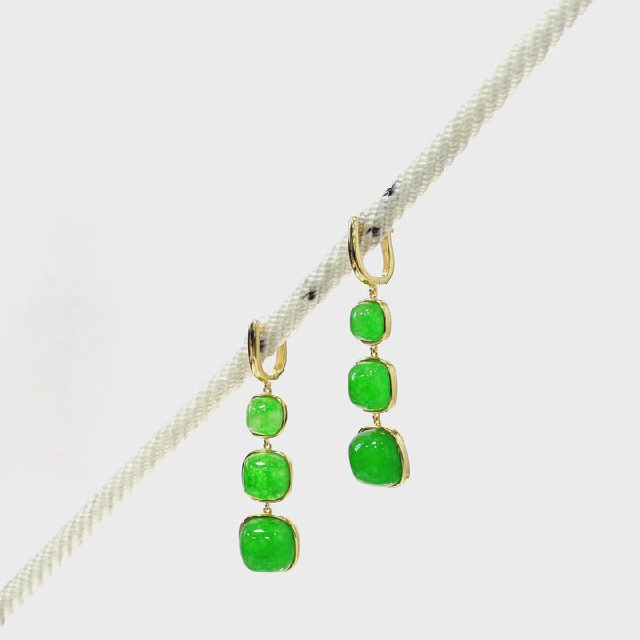 Green Beryl 3 Stone Earring in Brass