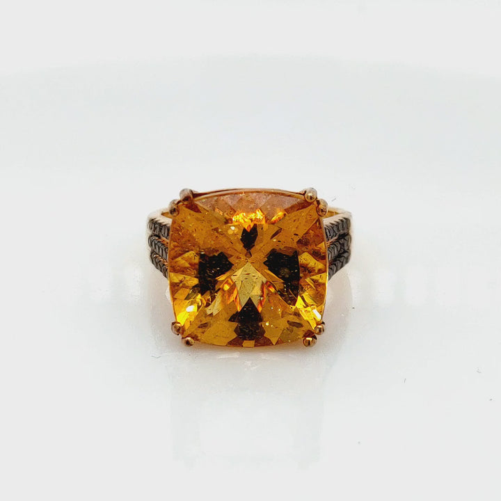 15.00 Cts Yellow Apatite and Black Diamond Ring in 14K 2-Tone