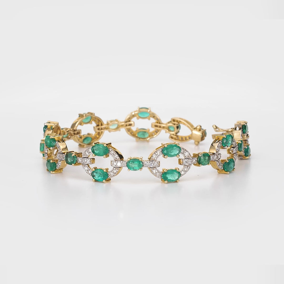 10.85 Cts Emerald and White Diamond Bracelet in 14K Two Tone